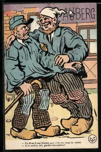 Künstler-AK Griff: Tu diras a ma femme que c`est un coup de soleil... Trinker streiten vor dem Wirtshaus