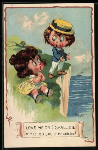 Künstler-AK Right: Zwei Kinder an einer Klippe