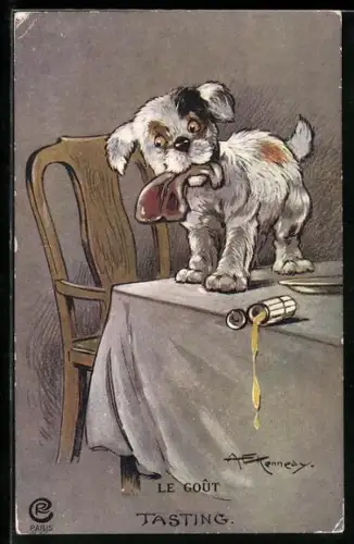 Künstler-AK A. E. Kennedy: Hund stiehlt ein Stück Fleisch vom Esstisch