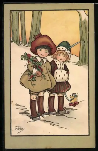 Künstler-AK H. G. C. Marsh-Lambert: Kinder im verschneiten Wald mit Mistelzweigen