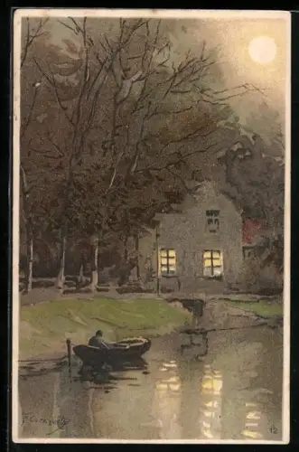 Künstler-AK Ferdinand Coenraets: Ruderboot vor nächtlichem Haus mit leuchtenden Fenstern