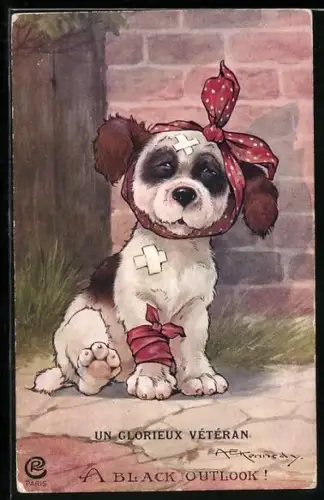 Künstler-AK A. E. Kennedy: Verletzter Hund nach einem Gefecht