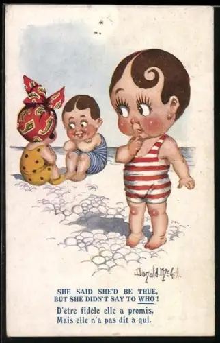 Künstler-AK Donald McGill: Eifersüchtiger Junge beobachtet ein Pärchen