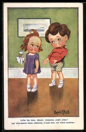 Künstler-AK Donald McGill: Junge flirtet mit einem Mädchen