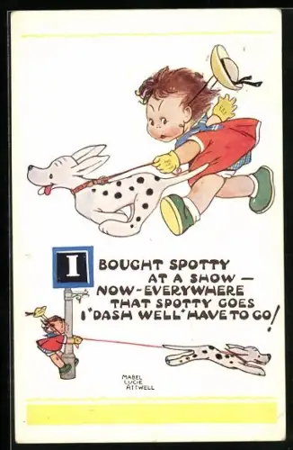 Künstler-AK Mabel Lucie Attwell: Hund zieht seinen Besitzer hinter sich her