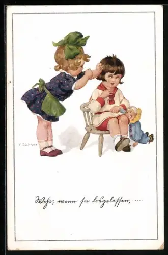 Künstler-AK Franz Jüchtzer: Zwei Kinder mit einer Puppe