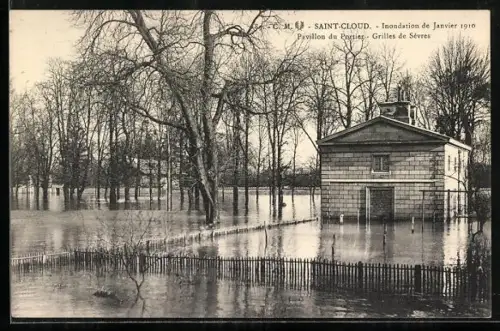 AK Saint-Cloud, Inondation de Janvier 1910, Pavillon du Ranger, Grilles de Sèvres