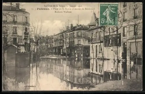 AK Puteaux, Inondation de la Seine 1910, Place de la Mairie et boulevard Richard Wallace