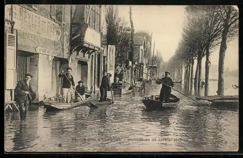 AK Asnières, Inondations de Janvier 1910, rues inondées avec barques