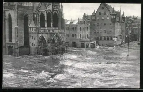 AK Nürnberg, Hochwasser-Katastrophe 5.2.1909, Hauptmarkt mit Liebfrauenkirche und Plobenhofstrasse