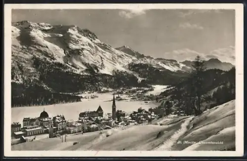 AK St. Moritz, Gesamtansicht im Winter vom Hügel aus