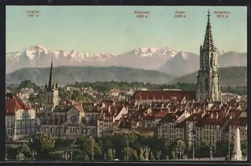 AK Bern, Münster und die altkatholische Kirche mit den Alpen: Niesen, Doldenhorn und Blümlisalp