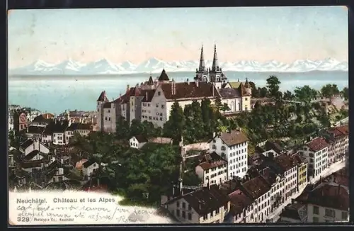 AK Neuchâtel, Château et les Alpes