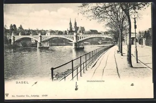 AK Basel, Strassenpartie mit Wettsteinbrücke, Im Hintergrund Kirche