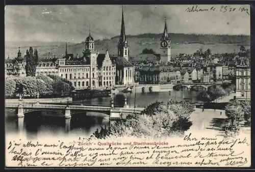 AK Zürich, Quaibrücke und Stadthausbrücke