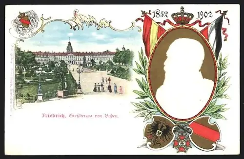 AK Karlsruhe, Grossherzog Friedrich von Baden, 1852-1902, Wappen und Flaggen, Residenzschloss