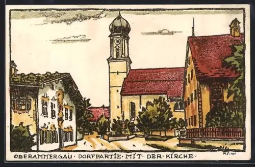 Steindruck-AK Oberammergau, Dorfpartie mit der Kirche