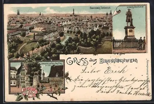Lithographie Braunschweig, Totalansicht, Lessing-Denkmal u. Löwensäule a. d. Burgplatz