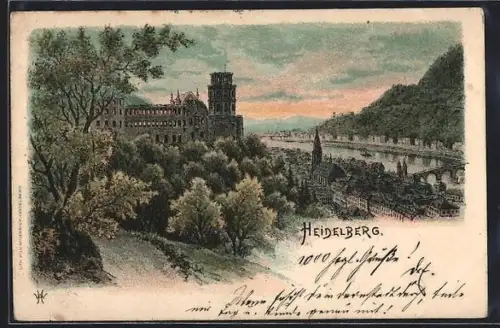 Lithographie Heidelberg, Ortsansicht mit Schloss