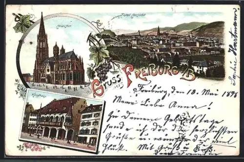 Lithographie Freiburg i. B., Ortsansicht, Blick auf Münster und Kaufhaus