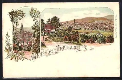 Lithographie Freiburg i. B., Ortsansicht aus der Vogelschau