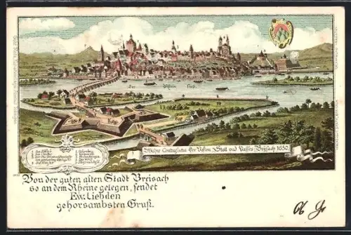 Lithographie Breisach, Ansicht der Stadt am Rhein um 1650