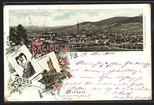 Lithographie Freiburg i. B., Ortsansicht aus der Vogelschau, Hildaturm, Markgräflerin