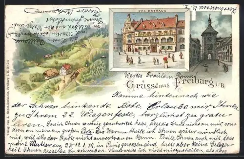 Lithographie Freiburg / Breisgau, Das Rathaus, Höllenthal, weitere Ansicht