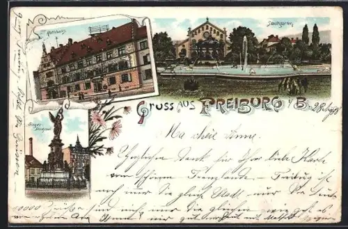 Lithographie Freiburg i. B., Rathaus, Stadtgarten, Sieges-Denkmal