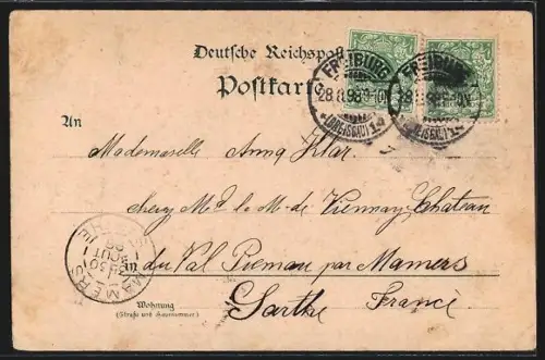 Lithographie Freiburg i. B., Rathaus, Stadtgarten, Sieges-Denkmal