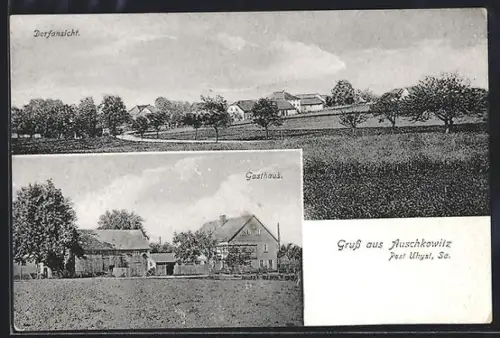 AK Auschkowitz, Blick auf das Gasthaus, Totalansicht aus der Ferne