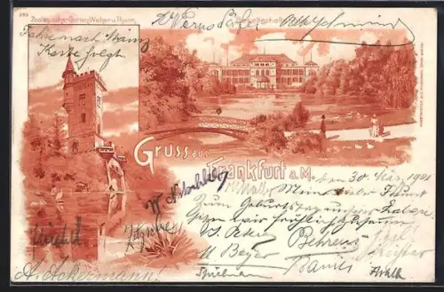 Lithographie Frankfurt-Ostend, Zoologischer Garten-Weiher und Turm, Gesellschaftshaus