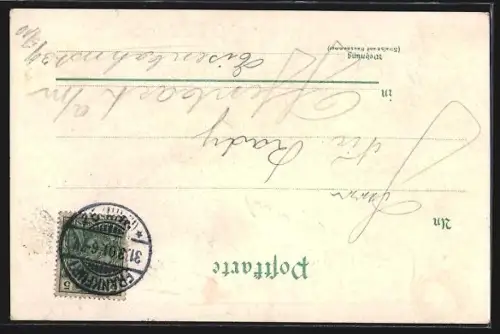 Lithographie Frankfurt-Ostend, Zoologischer Garten-Weiher und Turm, Gesellschaftshaus