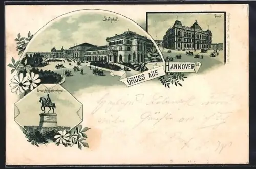 Lithographie Hannover, Bahnhof, Post, Ernst-August-Denkmal