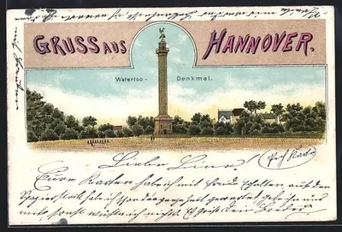 Lithographie Hannover, Blick auf das Waterloo-Denkmal