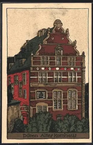 Steindruck-AK Düren, Altes Kornhaus mit Grünanlagen