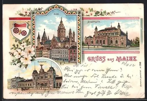 Lithographie Mainz, Stadthalle, Dom, Bahnhof