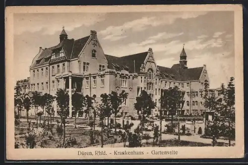 AK Düren / Rhld., Gartenseite vom Krankenhaus