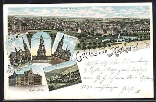 Lithographie Hagen i. W., Neue Kathol. Kirche, Krieger Denkmal, Gewerbe-Schule, Dahl, Lutherkirche, Panorama