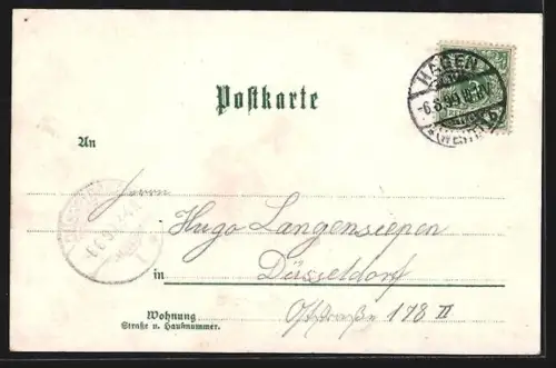 Lithographie Hagen i. W., Neue Kathol. Kirche, Krieger Denkmal, Gewerbe-Schule, Dahl, Lutherkirche, Panorama