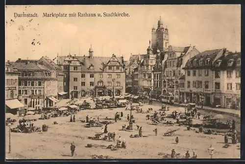 AK Darmstadt, Marktplatz mit Rathaus und Stadtkirche