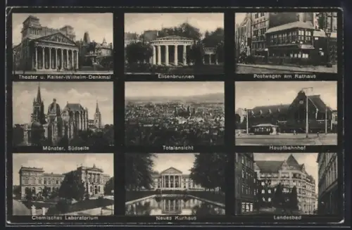 AK Aachen, Hauptbahnhof, Theater u. Kaiser-Wilhelm-Denkmal, Elisenbrunnen