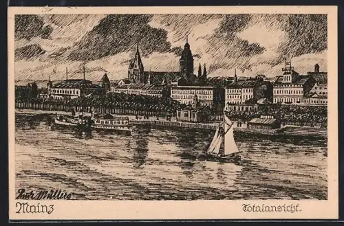 Künstler-AK Rudi Müller: Mainz, Flusspartie mit Booten