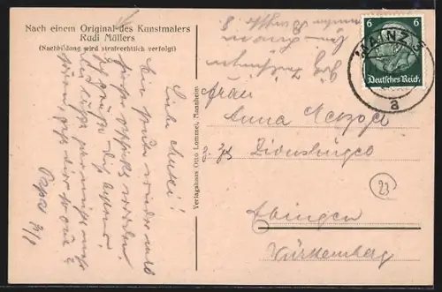 Künstler-AK Rudi Müller: Mainz, Flusspartie mit Booten