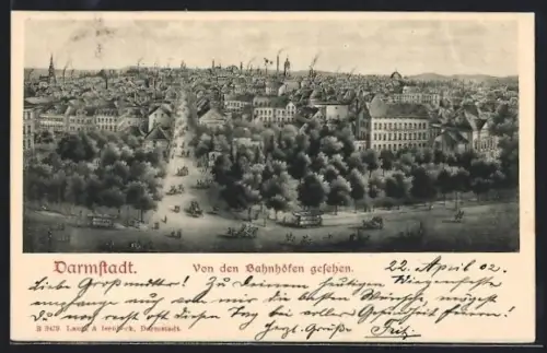 Künstler-AK Darmstadt, Ortsansicht von den Bahnhöfen gesehen, Strassenbahn