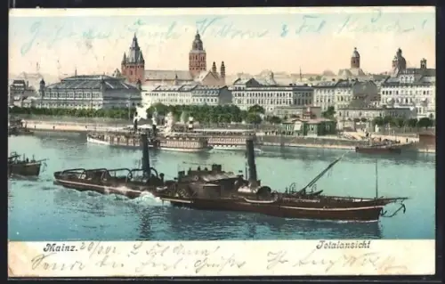AK Mainz, Ortsansicht mit Dampfer