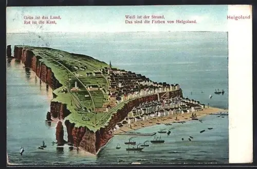 Künstler-AK Helgoland, Inselansicht aus der Vogelschau