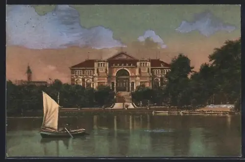 AK Karlsruhe i. B., Festhalle mit See