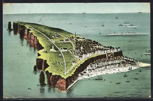 AK Helgoland, Blick auf die Insel aus der Vogelschau