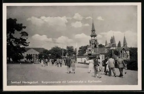 AK Heringsdorf / Ostseebad, Kurpromenade, Ladenstrasse, Kurtheater